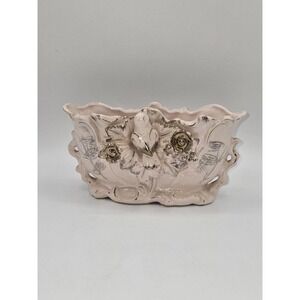 Vintage Pink Lusterware Planter Bird Floral Gold Trim Ceramic Jardiniere 7"